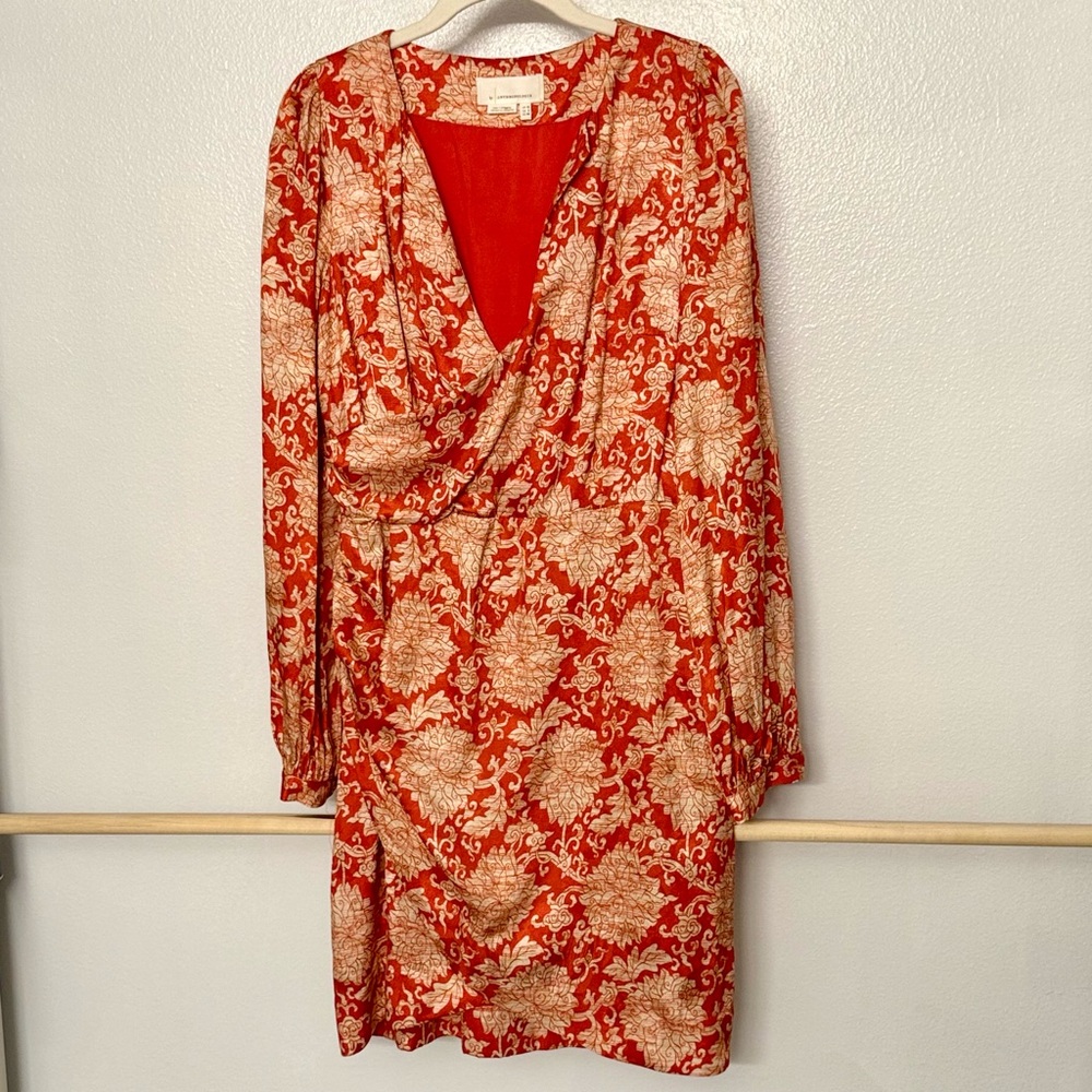 Anthropologie Skylar Surplice‎ Mini Dress Orange-Red Cream Flowers Size 8 - Picture 2 of 12